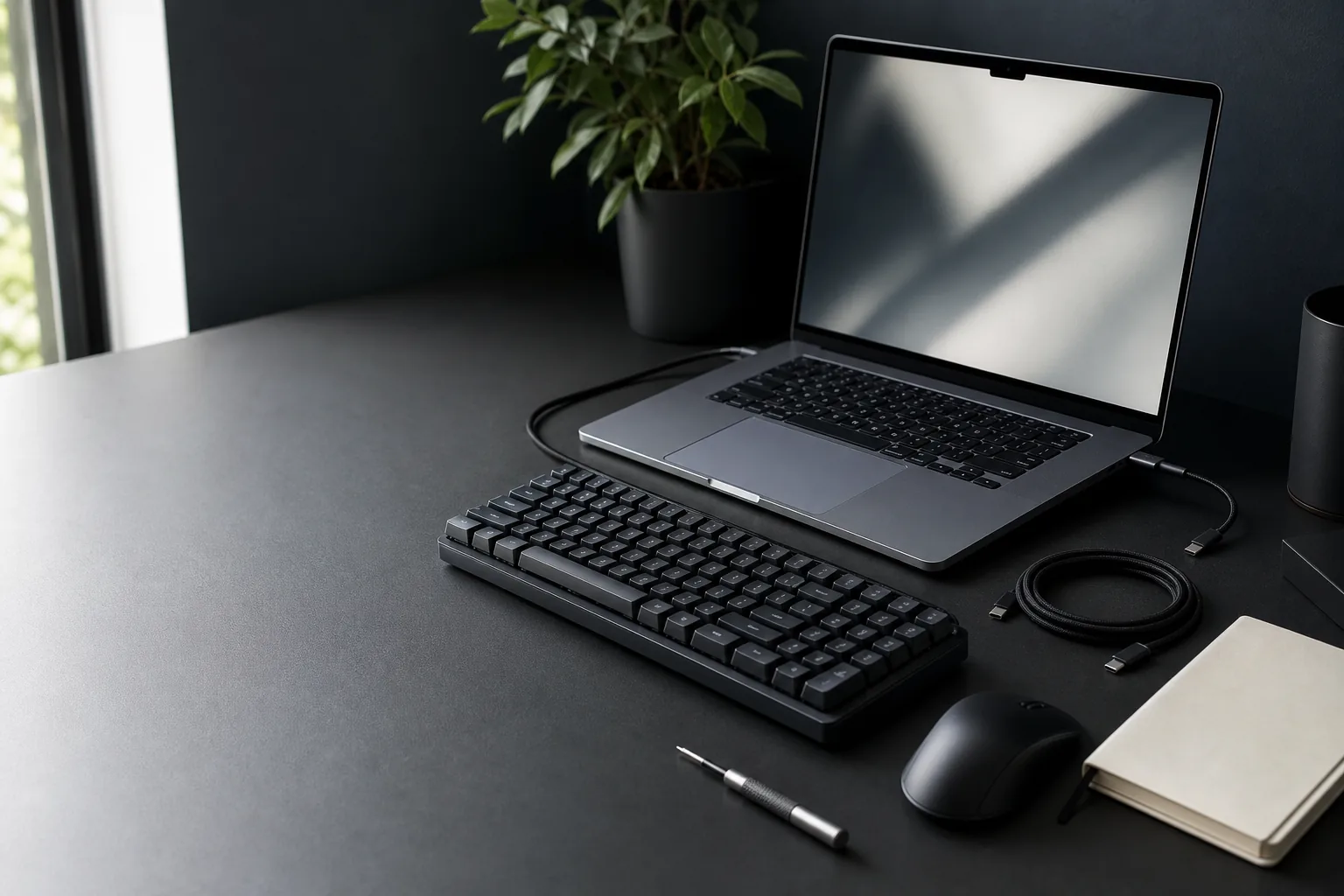 Dark developer desk with laptop, keyboard, cables, notebook, and precision screwdriver.